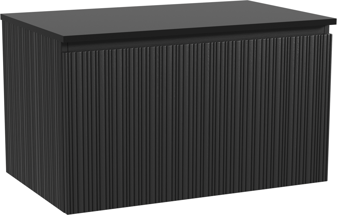 Storke Ribs zwevend badkamermeubel 85 x 52 cm zwarte eik met Panton enkel tablet in gepoedercoate mdf mat zwart, Verticale asymmetrische rechte ribbel