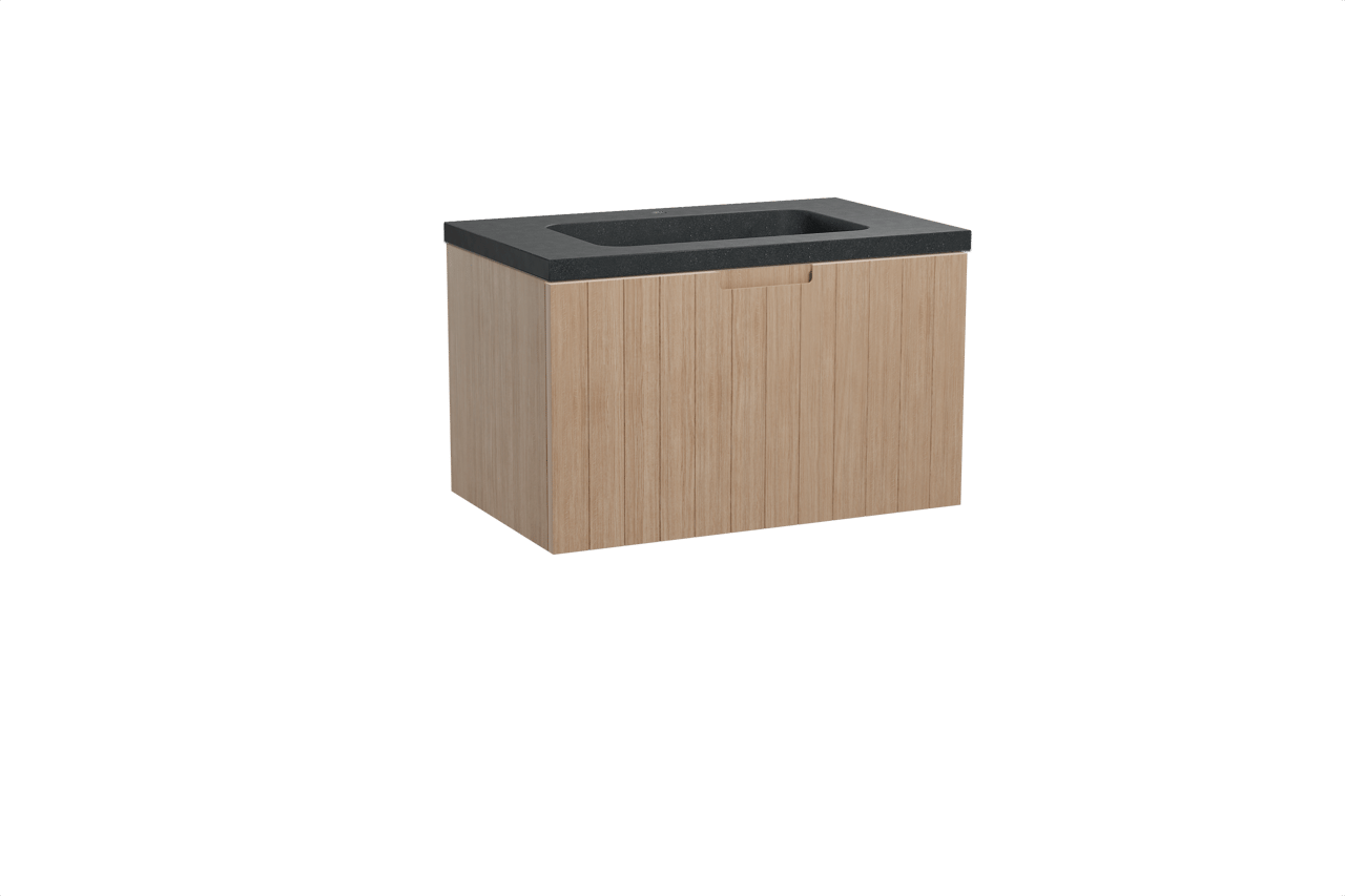 Balmani Adagio meuble salle de bains suspendu 90 x 55 cm chêne vieilli avec Napoli plan simple en granit noir
