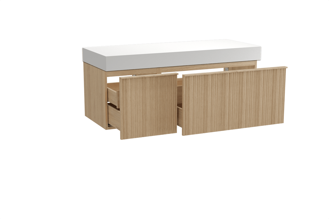 Balmani Forma hängendes Möbelstück Set: 135 x 55 cm, Naturbelassene Eiche, mit Dominus Einzel- oder Doppel Waschtischplatte, Solid Surface, Weiß matt, Vertikale asymmetrische Runde Rippe