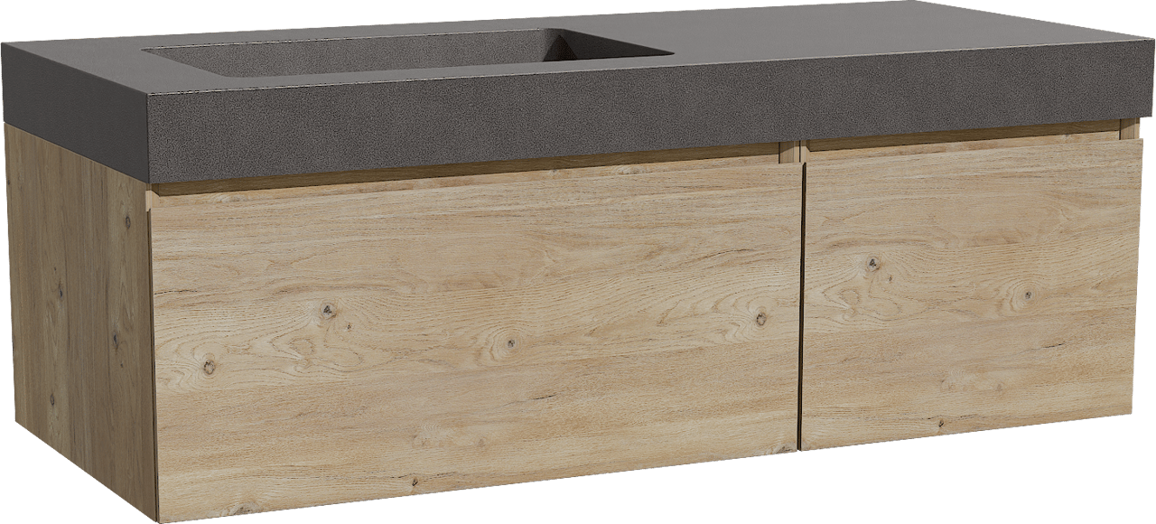 Storke Edge meuble salle de bains suspendu 120 x 52 cm chêne brut avec Scuro High vasque asymétrique gauche en quartz noir mat