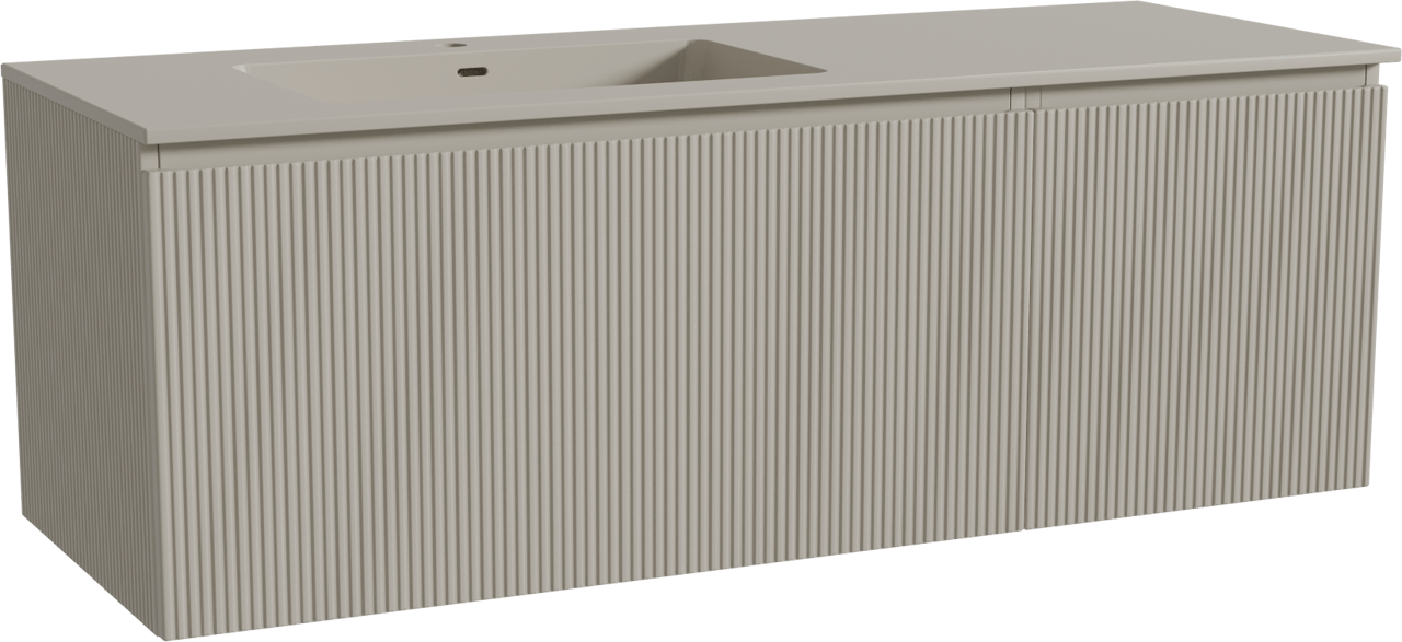 Storke Ribs zwevend badmeubel 140 x 52 cm zijdegrijs met Diva asymmetrisch linkse wastafel in top solid zijdegrijs, Verticale symmetrische rechte ribbel