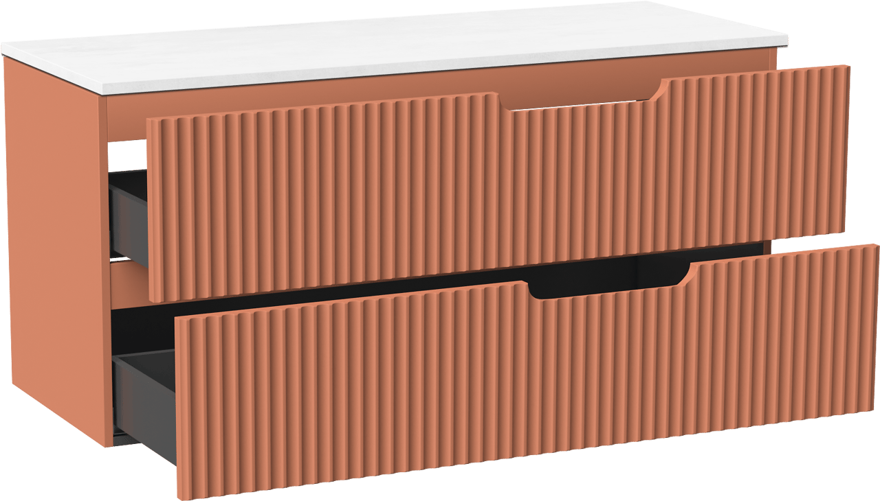 Linie Ribbo zwevend badmeubel 120 x 46 cm cotto met Lado dubbel wastafelblad in composietmarmer hoogglans wit, Verticale symmetrische ronde ribbel