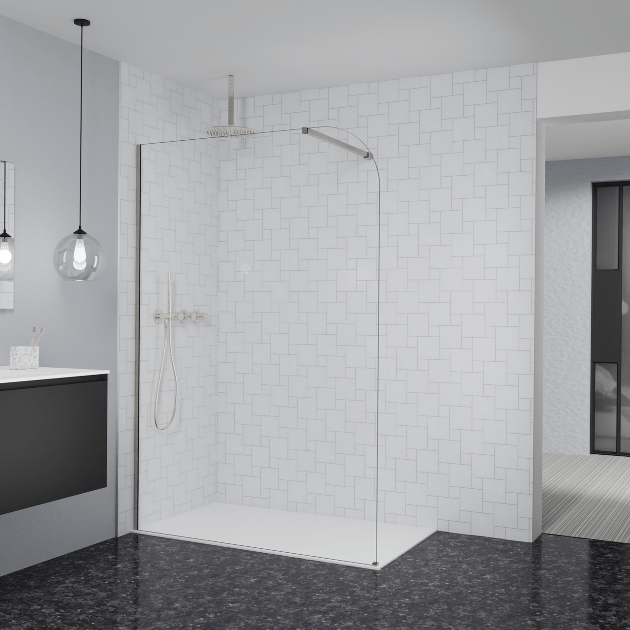 Balmani Modular inloopdouche: 140 x 200 cm, Helder glas afgerond met coating, Brushed CoolMetal profielen