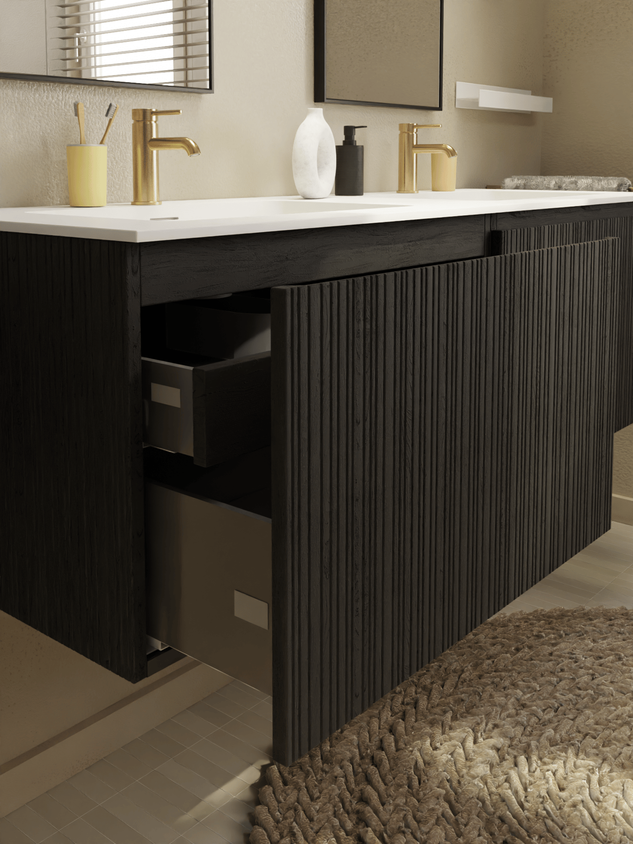 Storke Ribs meuble sous-lavabo suspendu 75 x 52 cm chêne noir 2 tiroirs