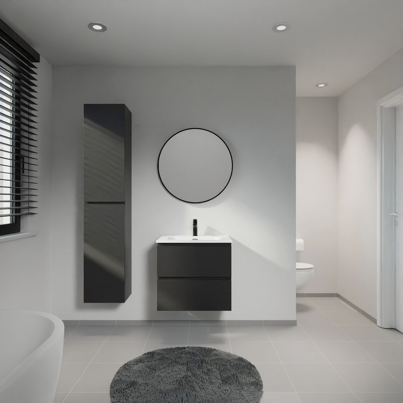 Linie Lado meuble salle de bains suspendu 60 x 46 cm noir mat avec Baro plan simple en porcelaine blanc mat