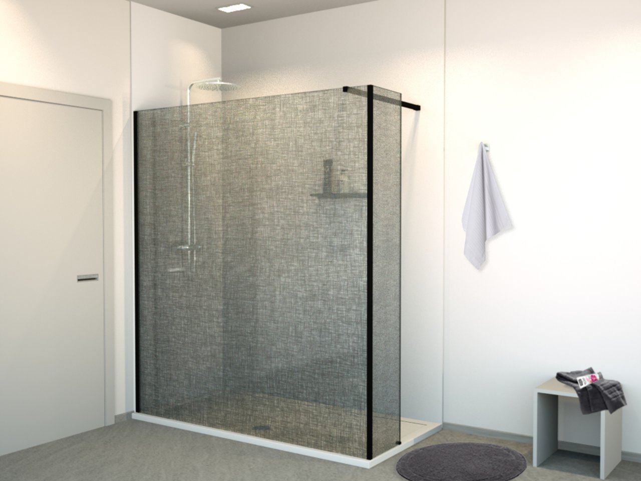 Balmani Modular Walk-In-Dusche mit fester Seitenwand 180 x 200 cm, Leinen schwarz Glas , Profil schwarz matt