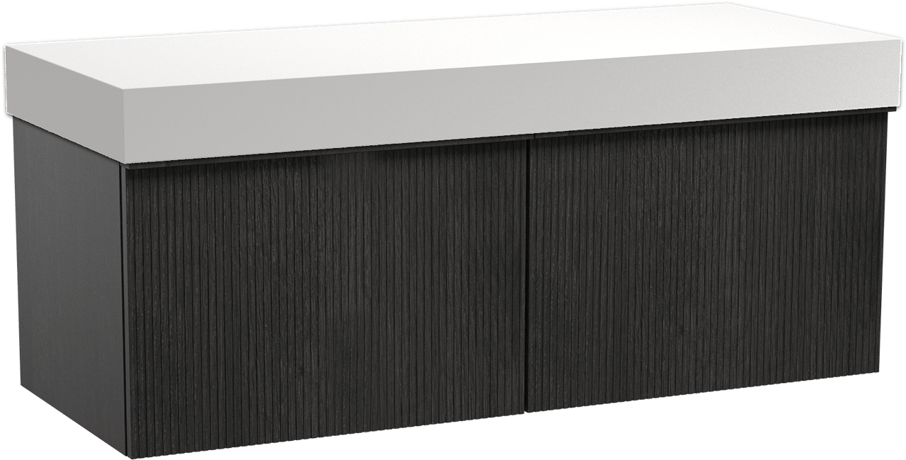 Balmani Forma meuble salle de bains suspendu 135 x 55 cm chêne noir avec Dominus tablette simple ou double en solid surface blanc mat, Nervure droite symétrique verticale