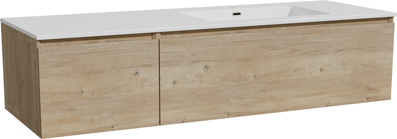 Storke Edge meuble salle de bains suspendu 150 x 52 cm chêne brut avec Diva plan vasque asymétrique à droite en marbre composite blanc brillant