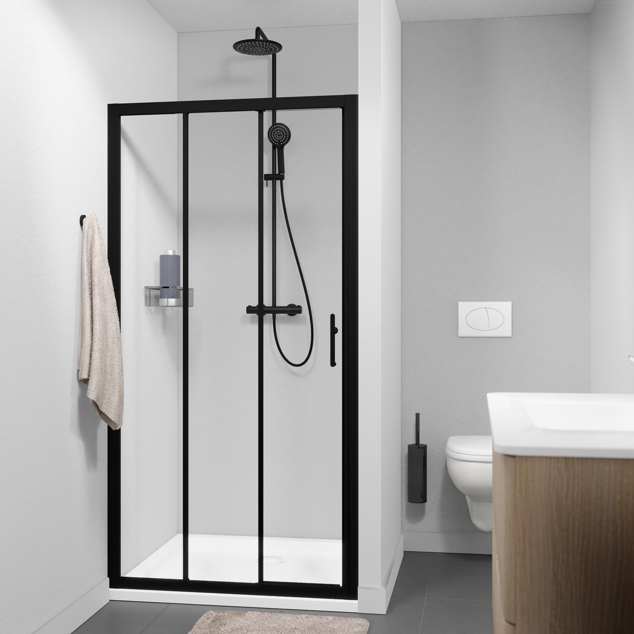 Linie Cadiz dreiteilige Dusche Schiebetür 100 cm x 190 cm Klarglas matt Schwarz profil