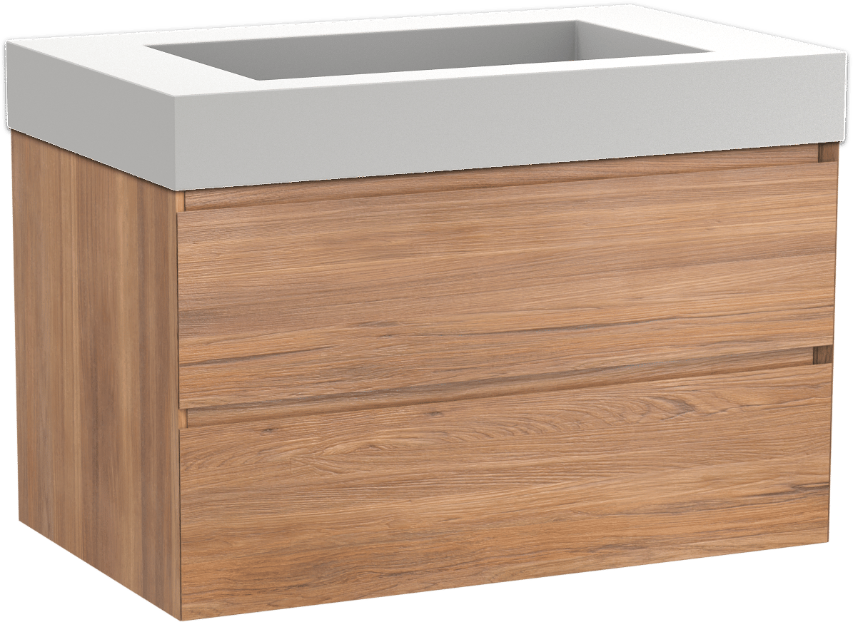 Balmani Mitra zwevend badkamermeubel 90 x 55 cm teak met Modus enkele wastafel in solid surface mat wit
