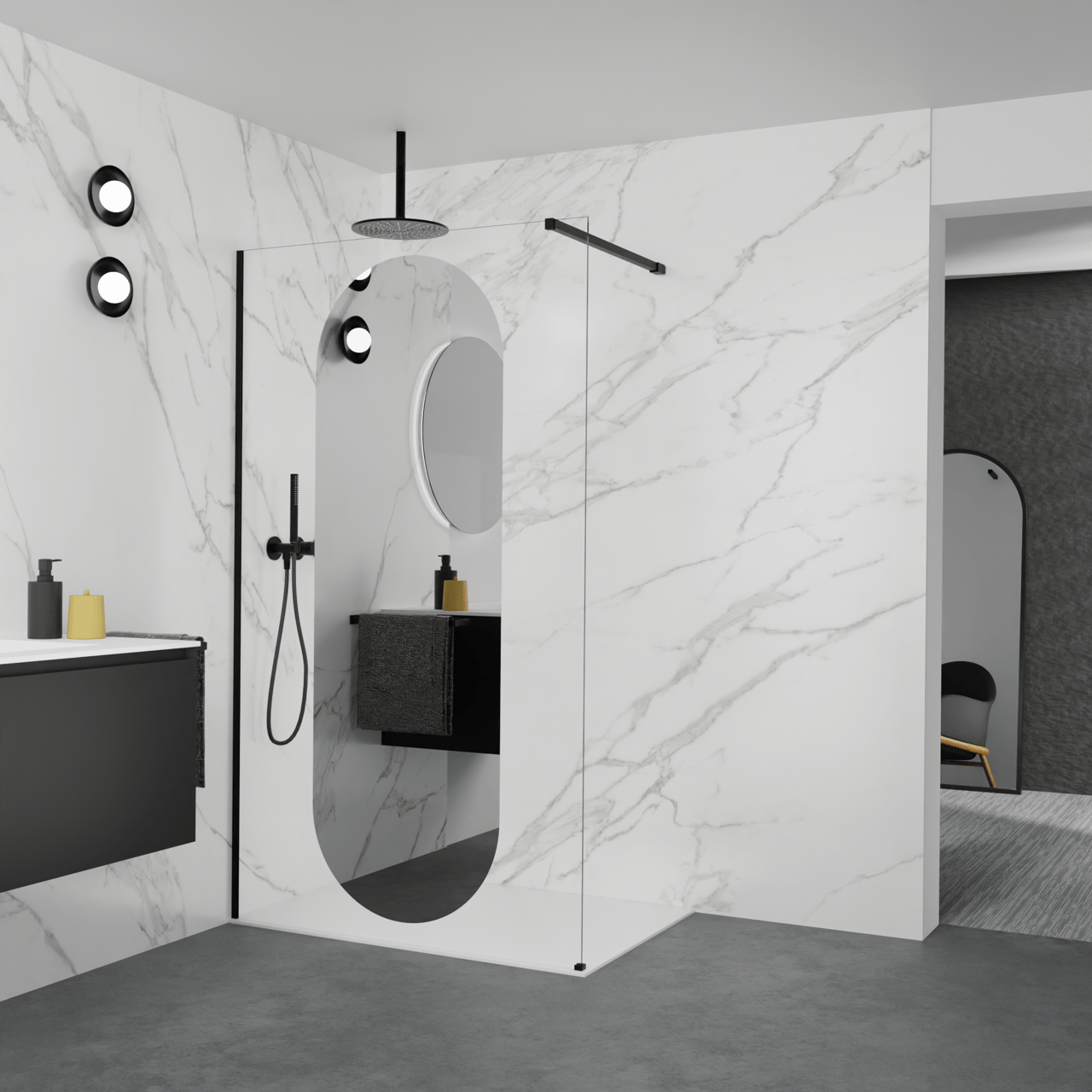 Balmani Modular douche à l'italienne: 120 x 200 cm, Miroir reflex ovale, Profil Noir mat