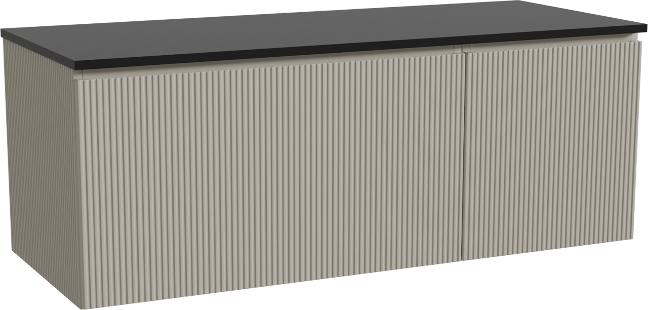 Storke Ribs zwevend badmeubel 130 x 52 cm zijdegrijs met Panton enkel of dubbel wastafelblad in gepoedercoate mdf mat zwart, Verticale symmetrische rechte ribbel