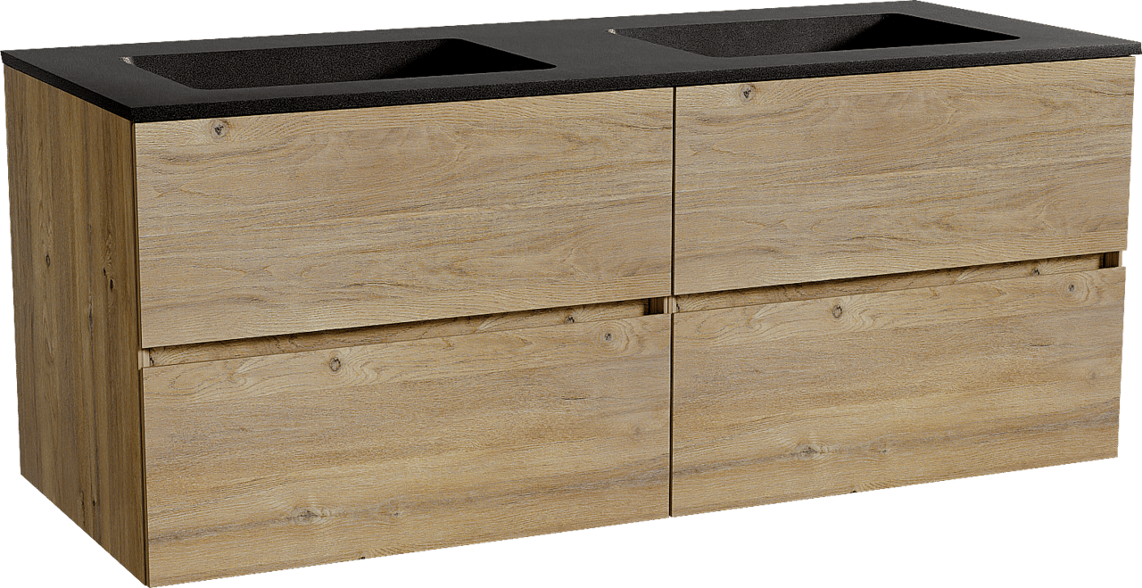 Storke Edge zwevend badmeubel 130 x 52 cm ruw eiken met Scuro dubbele wastafel in kwarts mat zwart