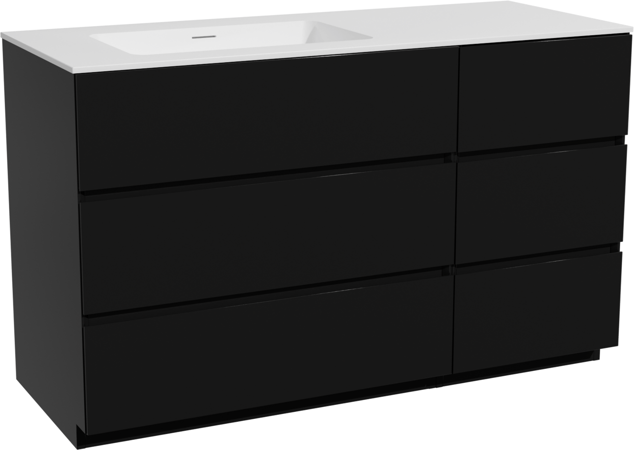 Storke Edge staand badkamermeubel 130 x 52 cm mat zwart met Mata asymmetrisch linkse wastafel in solid surface mat wit