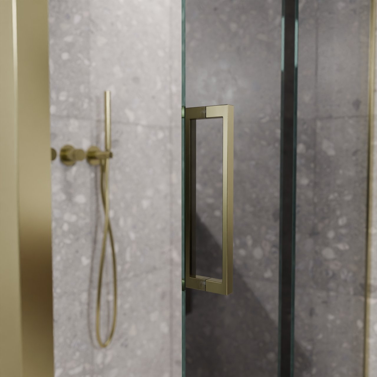 Balmani Senses Design douche en coin avec porte coulissante à droite et paroi latérale fixe, 140 x 80 cm, Miroir Reflex, Profil Brushed Champagne Gold