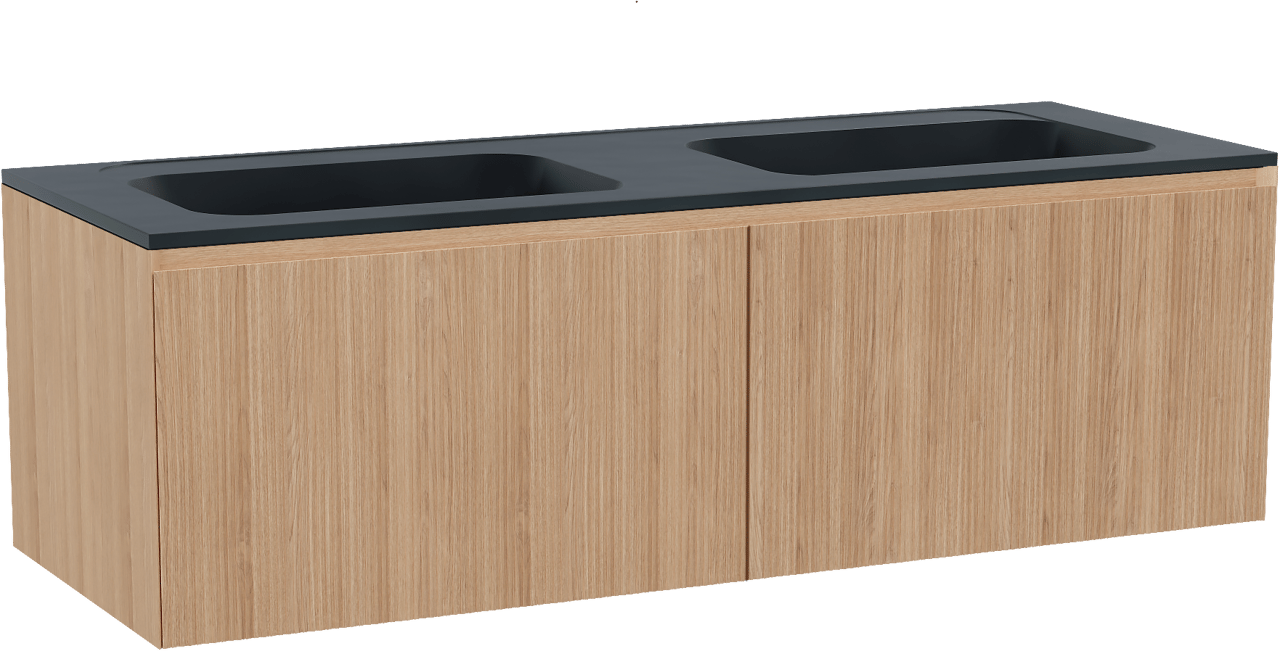 Balmani Fila by Mitra zwevend badmeubel 150 x 55 cm naturel eiken met Tablo Strada dubbele wastafel in composietmarmer mat zwart, Verticale symmetrische rechte ribbel