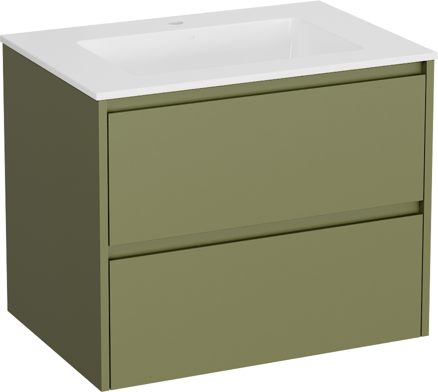 Storke Seda zwevend badkamermeubel 75 x 52 cm olijfgroen met Bilia enkele wastafel in composietmarmer glanzend wit