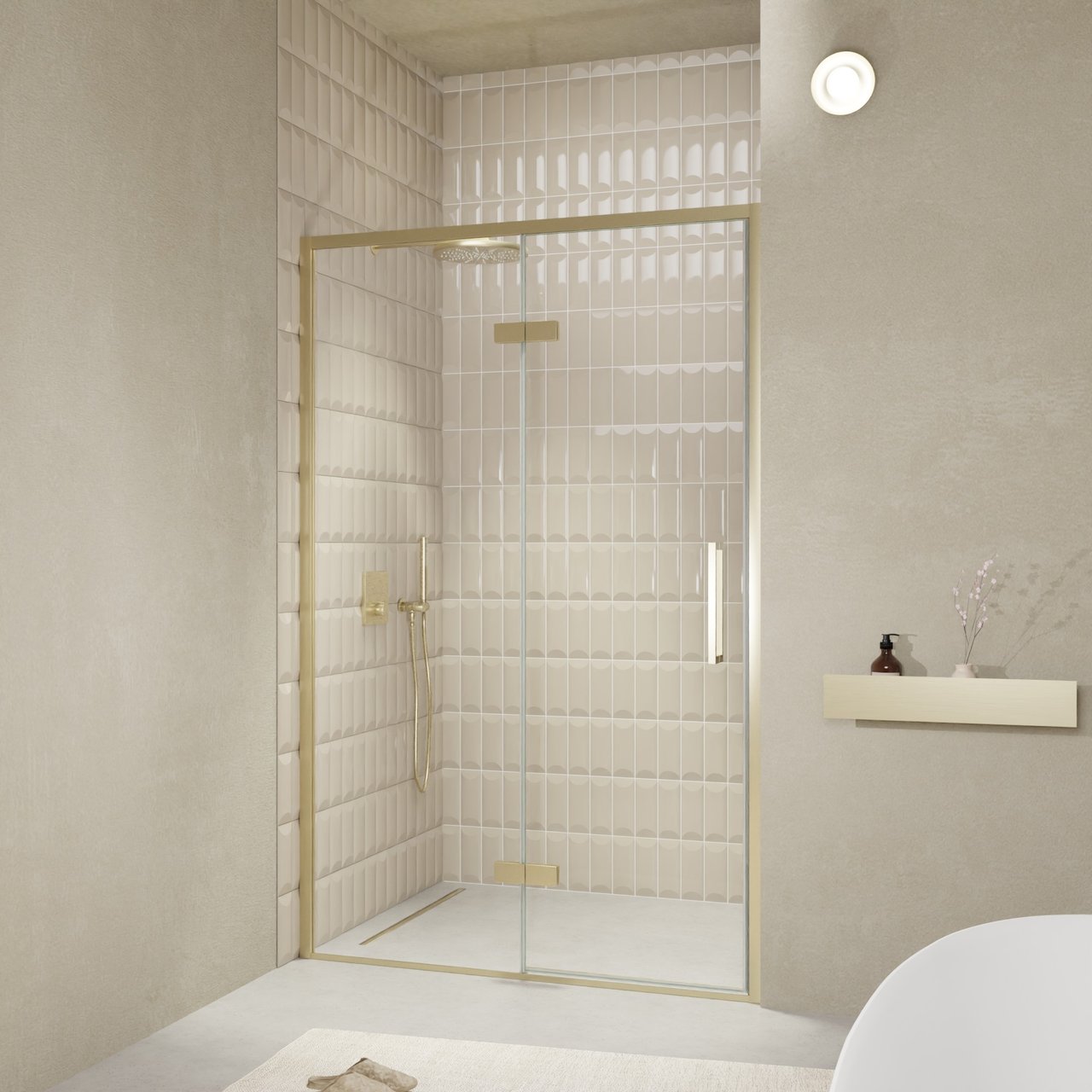 Balmani Senses Design porte pivotante à gauche 140 cm x 210 cm verre transparent, Profil Brushed Champagne Gold, coating inclus