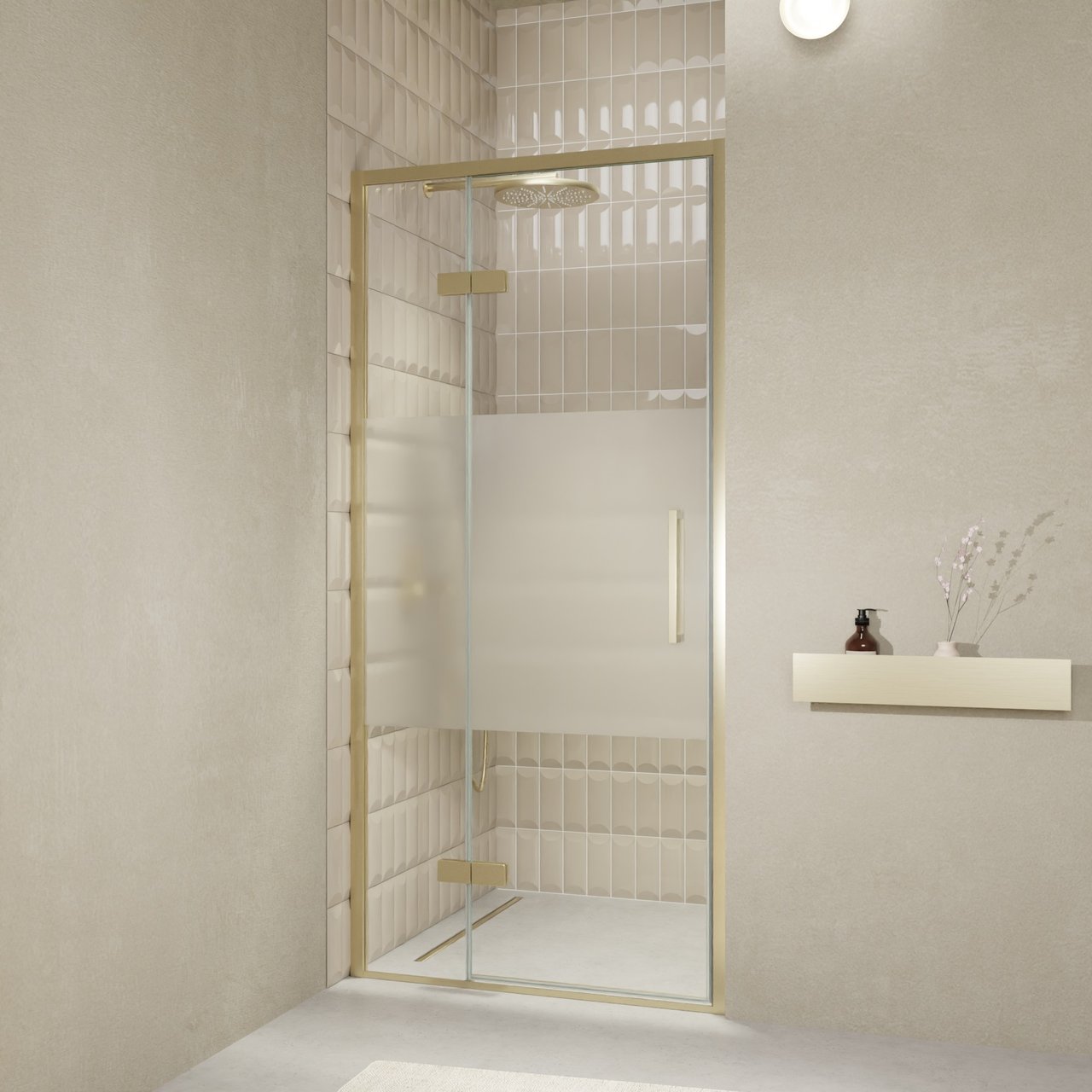 Balmani Senses Design Dusche Drehtür, Links, 100 cm x 210 cm, Klarglas mit mattiertem Streifen, Profil Brushed Champagner Gold