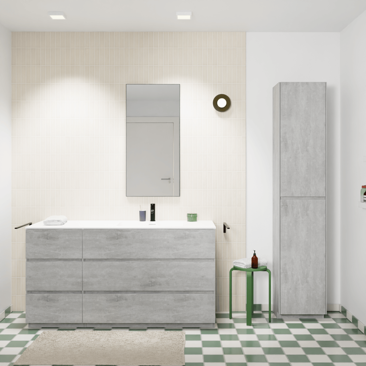 Storke Edge staand badkamermeubel 150 x 52 cm beton donkergrijs met Mata asymmetrisch rechtse wastafel in solid surface mat wit