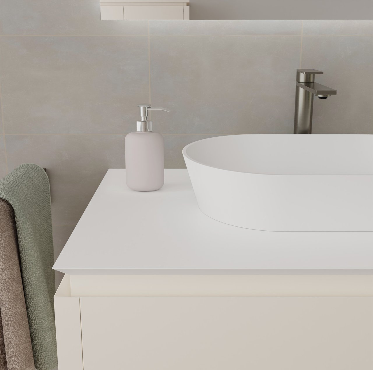 Balmani Eclips meuble salle de bains suspendu 180 x 55 cm Sandbeige avec Eclips tablette simple ou double en Solid Surface blanc mat