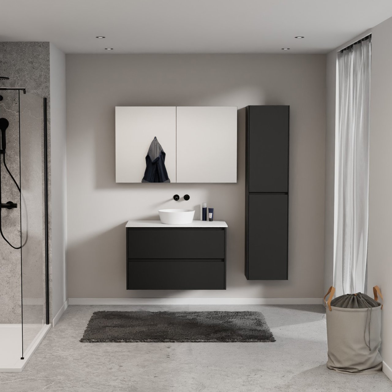 Storke Seda zwevend badkamermeubel 95 x 52 cm mat zwart met Tavola enkel tablet in solid surface mat wit
