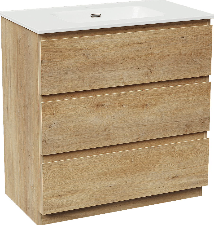 Linie Lado freistehendes Möbelstück Set: 80 x 46 cm, Naturbelassene Eiche, mit Baro Einzelwaschtisch, Porzellan Weiß glänzend