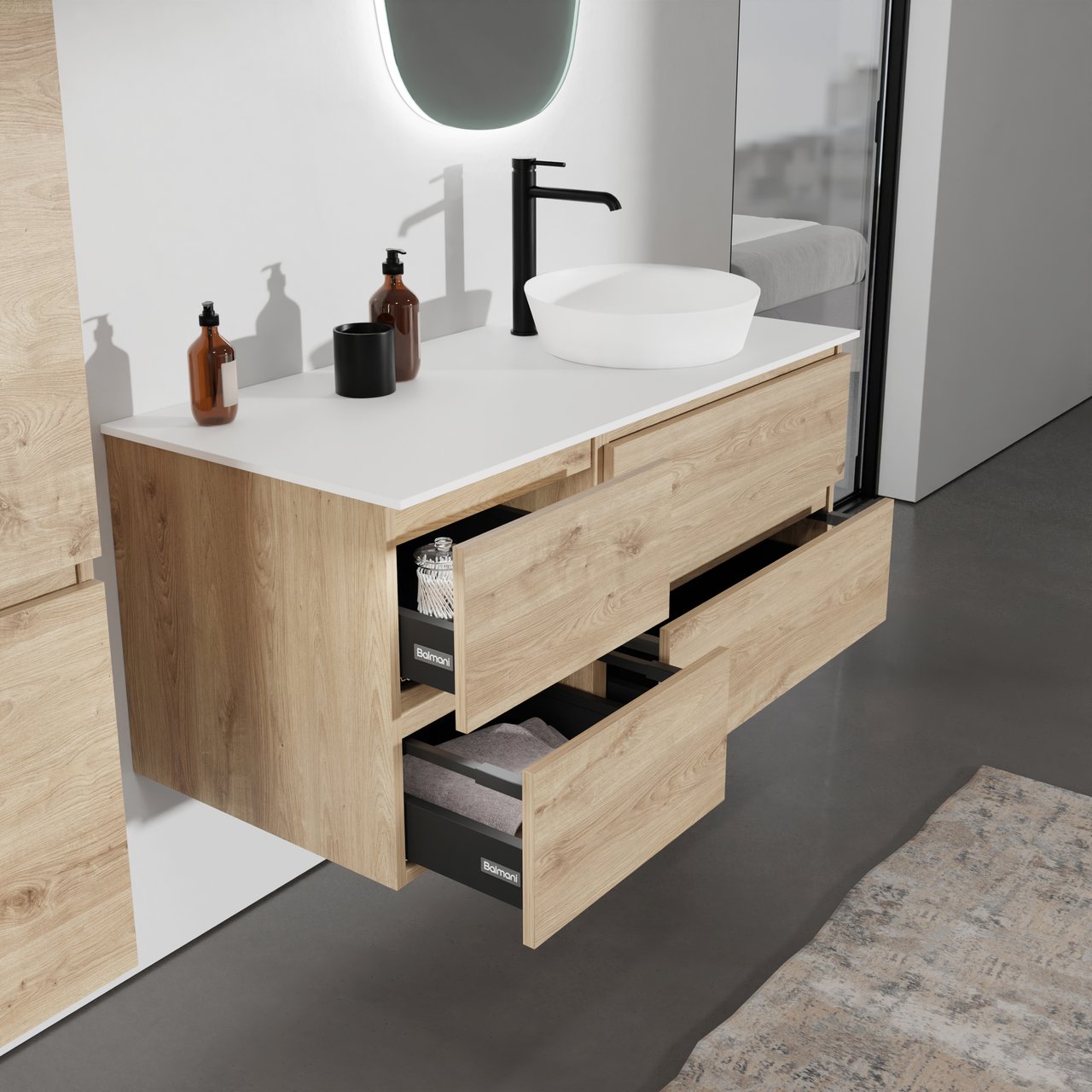 Balmani Lucida meuble salle de bains suspendu 120 x 55 cm chêne brut avec Stretto tablette simple ou double en solid surface blanc mat