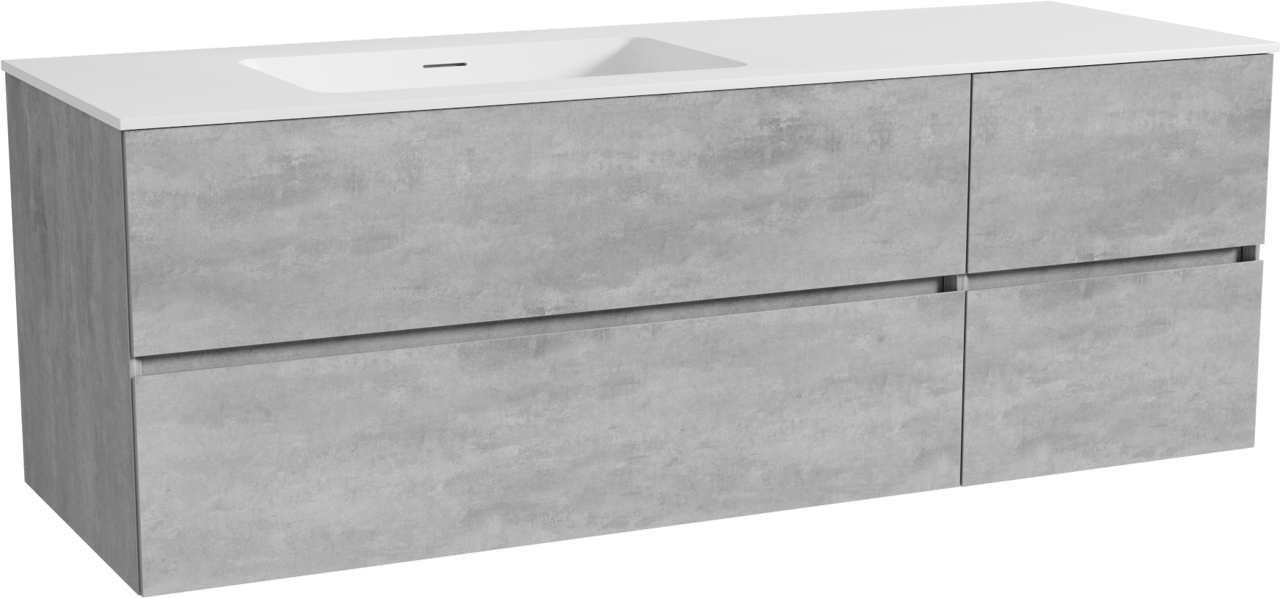 Storke Edge zwevend badmeubel 150 x 52 cm beton donkergrijs met Mata asymmetrisch linkse wastafel in solid surface mat wit