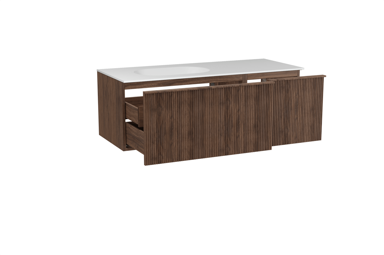 Balmani Forma hängendes Möbelstück Set: 135 x 55 cm, Amerikanischer Nussbaum, mit Tablo Oval Waschtisch links, Solid Surface, Weiß matt, Vertikale symmetrische gerade Rippe