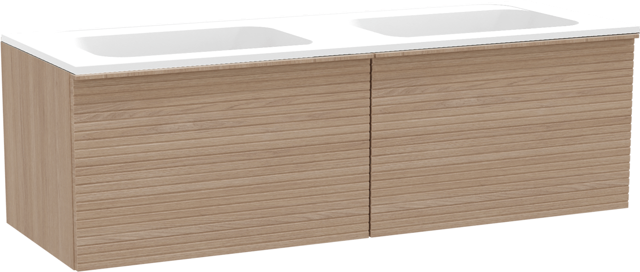 Balmani Forma zwevend badmeubel 150 x 55 cm naturel eiken met Tablo Strada dubbele wastafel in composietmarmer mat wit, Horizontale symmetrische rechte ribbel