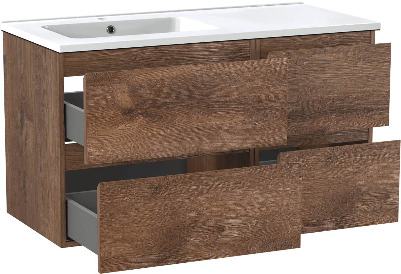 Linie Lado zwevend badmeubel 100 x 46 cm bruin eiken met Vano asymmetrisch linkse wastafel in composietmarmer hoogglans wit