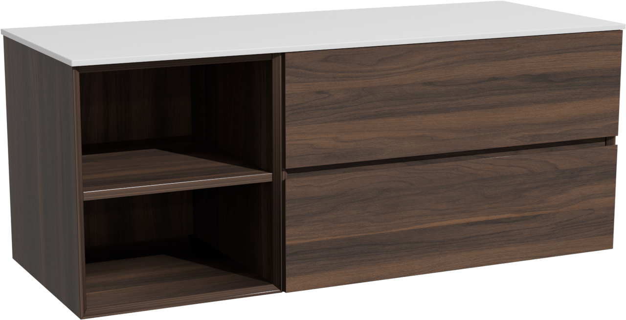 Storke Edge zwevend badkamermeubel 130 x 52 cm notelaar met Tavola enkel of dubbel tablet in solid surface mat wit