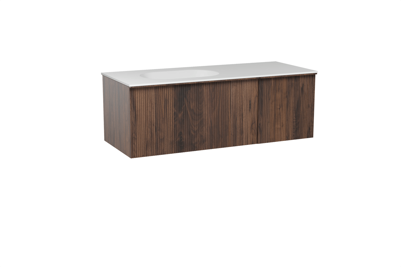 Balmani Forma hängendes Möbelstück Set: 135 x 55 cm, Amerikanischer Nussbaum, mit Tablo Oval Waschtisch links, Solid Surface, Weiß matt, Vertikale symmetrische gerade Rippe
