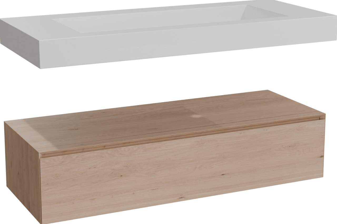 Balmani Mitra Elements hängendes Möbelstück Set: 135 x 55 cm, Naturbelassene Eiche mit Modus Einzelwaschtisch für 2 Armaturenlöcher, Solid Surface Weiß matt