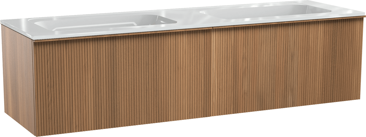Balmani Forma zwevend badkamermeubel 180 x 55 cm teak met Tablo Strada dubbele wastafel in composietmarmer glanzend wit, Verticale symmetrische rechte ribbel