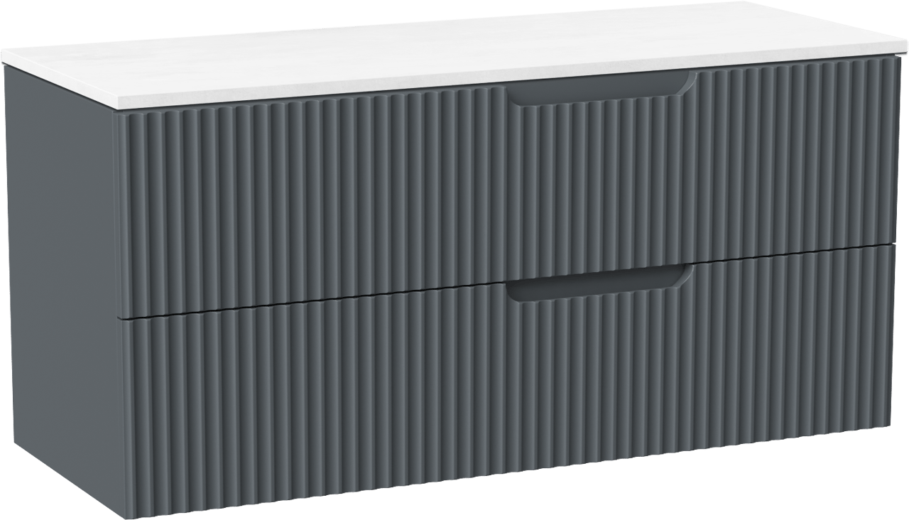 Linie Ribbo meuble salle de bains suspendu 120 x 46 cm bleu anthracite avec Lado tablette double en marbre composite blanc brillant, Nervure circulaire symétrique verticale