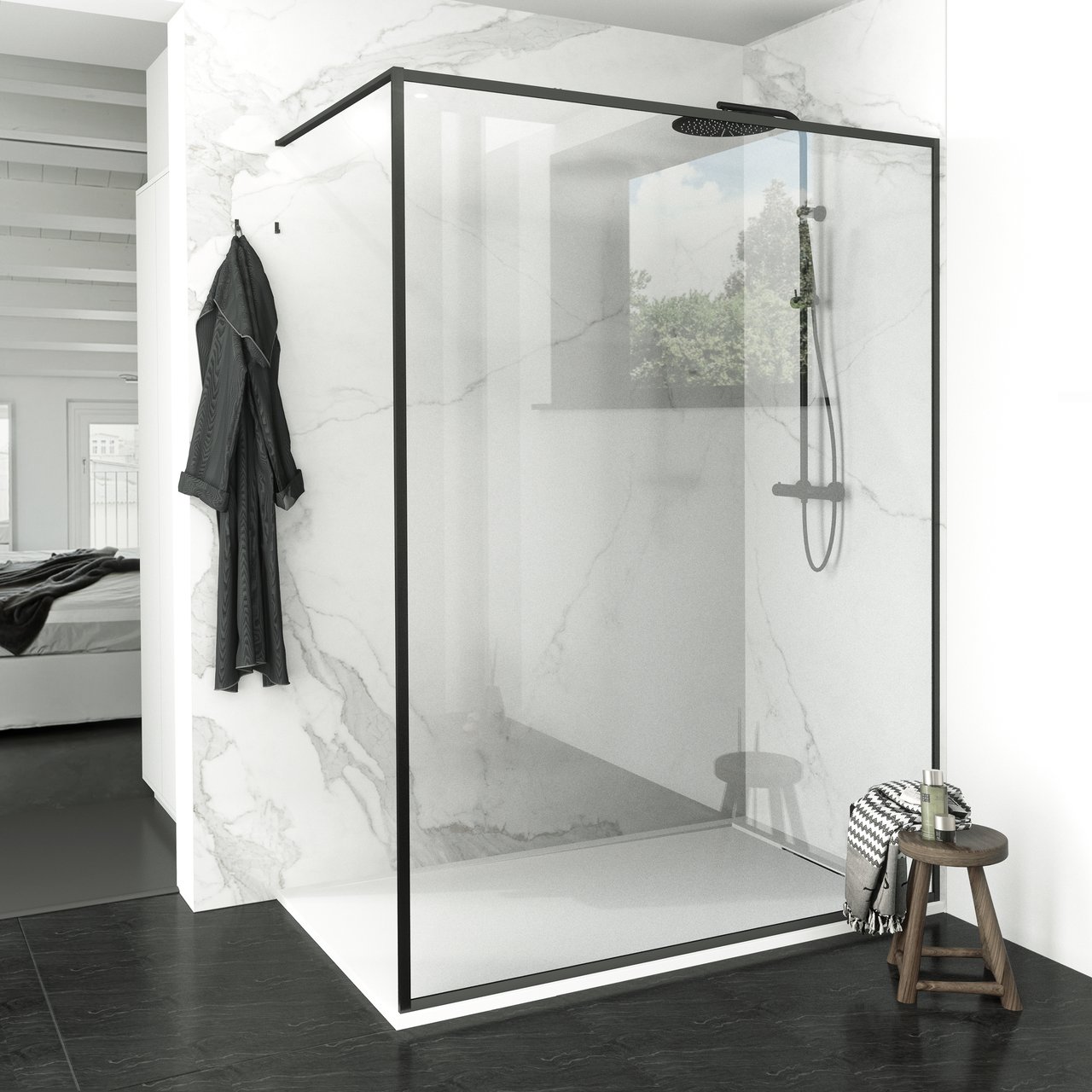 Balmani Framed Walk-In-Dusche 140 x 210 cm Klarglas, inklusive Coating, matt schwarzes Profil