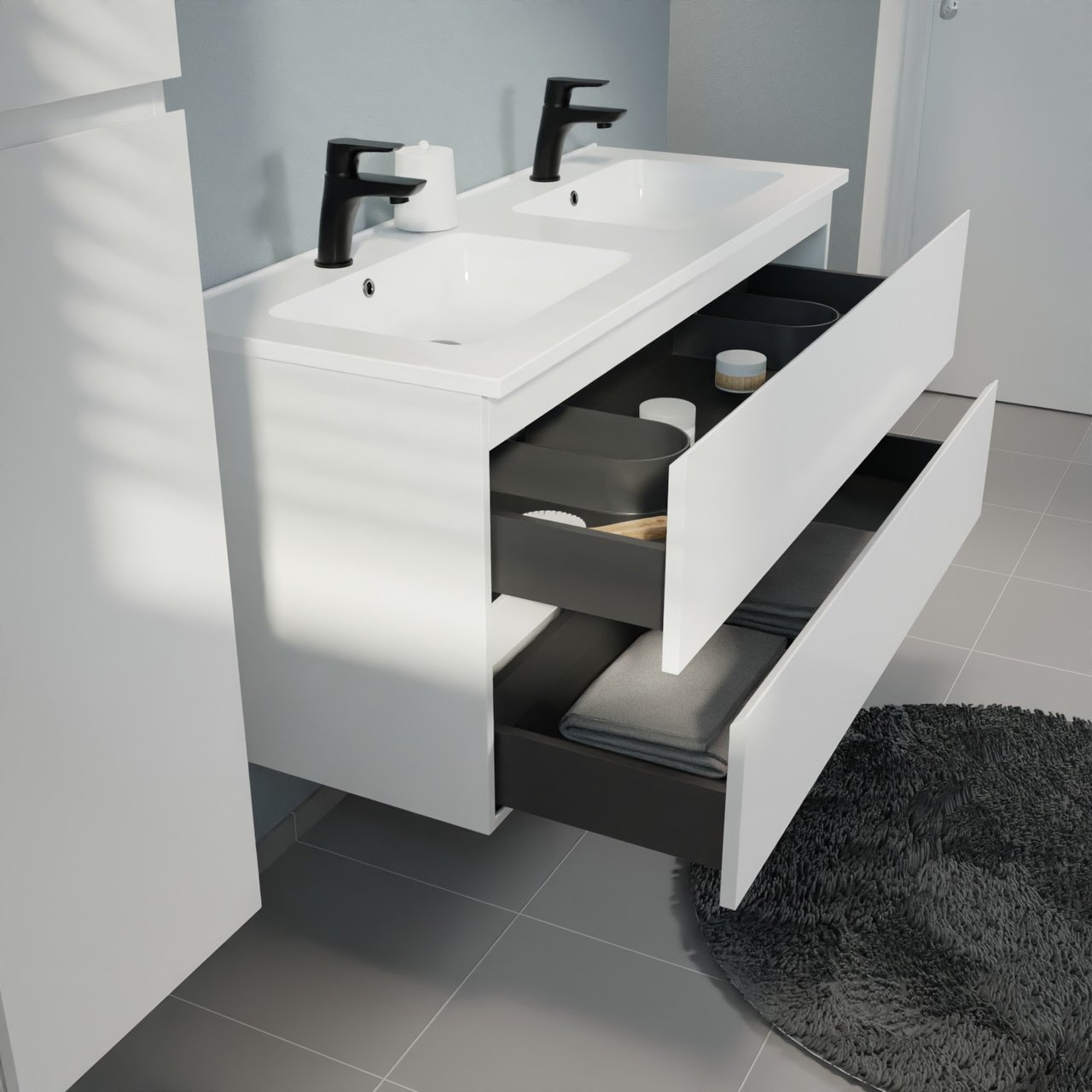 Linie Lado meuble salle de bains suspendu 120 x 46 cm blanc mat avec Vano double vasque en marbre composite blanc brillant