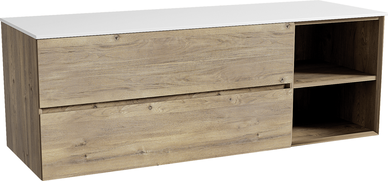 Storke Edge zwevend badmeubel 150 x 52 cm ruw eiken met Tavola enkel of dubbel wastafelblad in solid surface mat wit