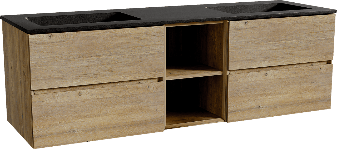 Storke Edge zwevend badmeubel 165 x 52 cm ruw eiken met Scuro dubbele wastafel in kwarts mat zwart