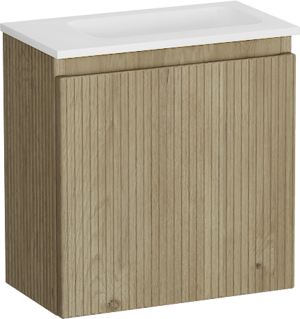 Storke Ribs zwevend toiletmeubel 40 x 22 cm Ruwe eik met Fina wastafel in mat witte Solid Surface