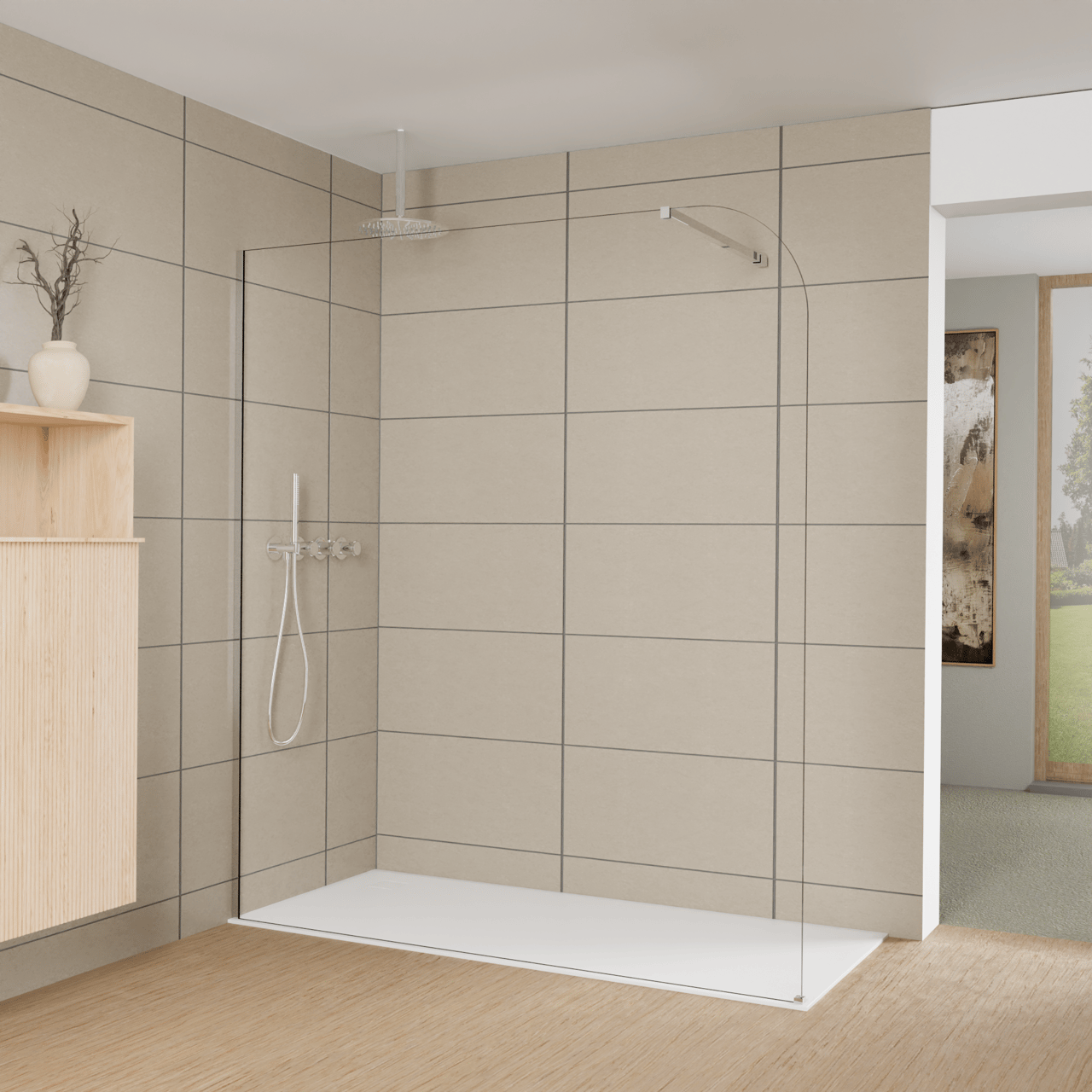 Balmani Modular inloopdouche: 180 x 200 cm, Helder glas afgerond met coating, Glanzend chroom profielen