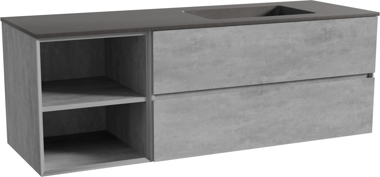 Storke Edge meuble salle de bains suspendu 150 x 52 cm béton gris foncé avec Scuro plan vasque asymétrique à droite en quartz noir mat