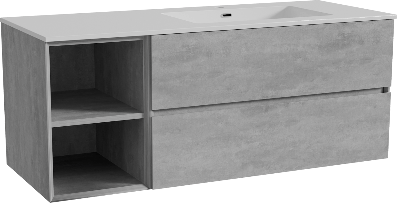 Storke Edge zwevend badkamermeubel 130 x 52 cm beton donkergrijs met Diva asymmetrisch rechtse wastafel in composietmarmer glanzend wit