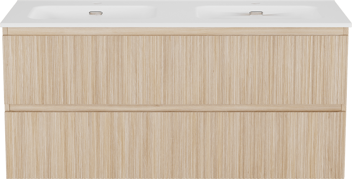 Linie Lado Ribs meuble salle de bains suspendu 120 x 46 cm chêne naturel avec Baro double vasque en porcelaine blanc mat, Nervure droite symétrique verticale