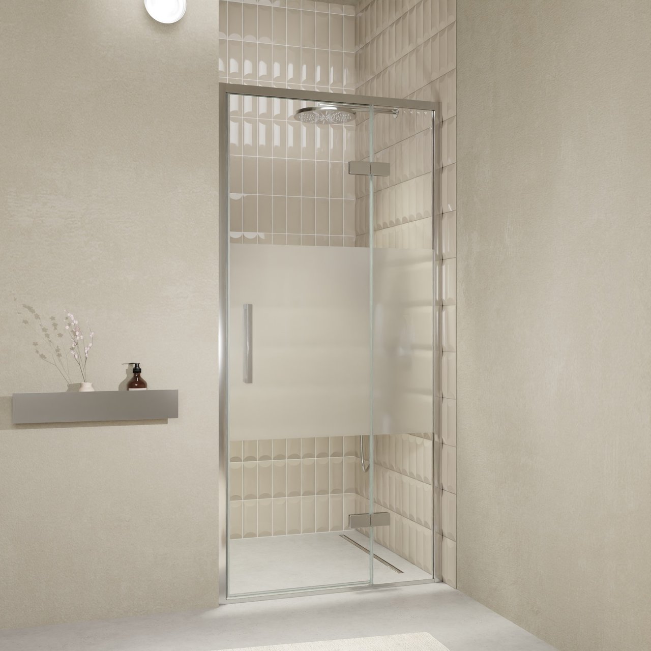 Balmani Senses Design Dusche Drehtür, Rechts, 100 cm x 210 cm, Klarglas mit mattiertem Streifen, Profil Chrom