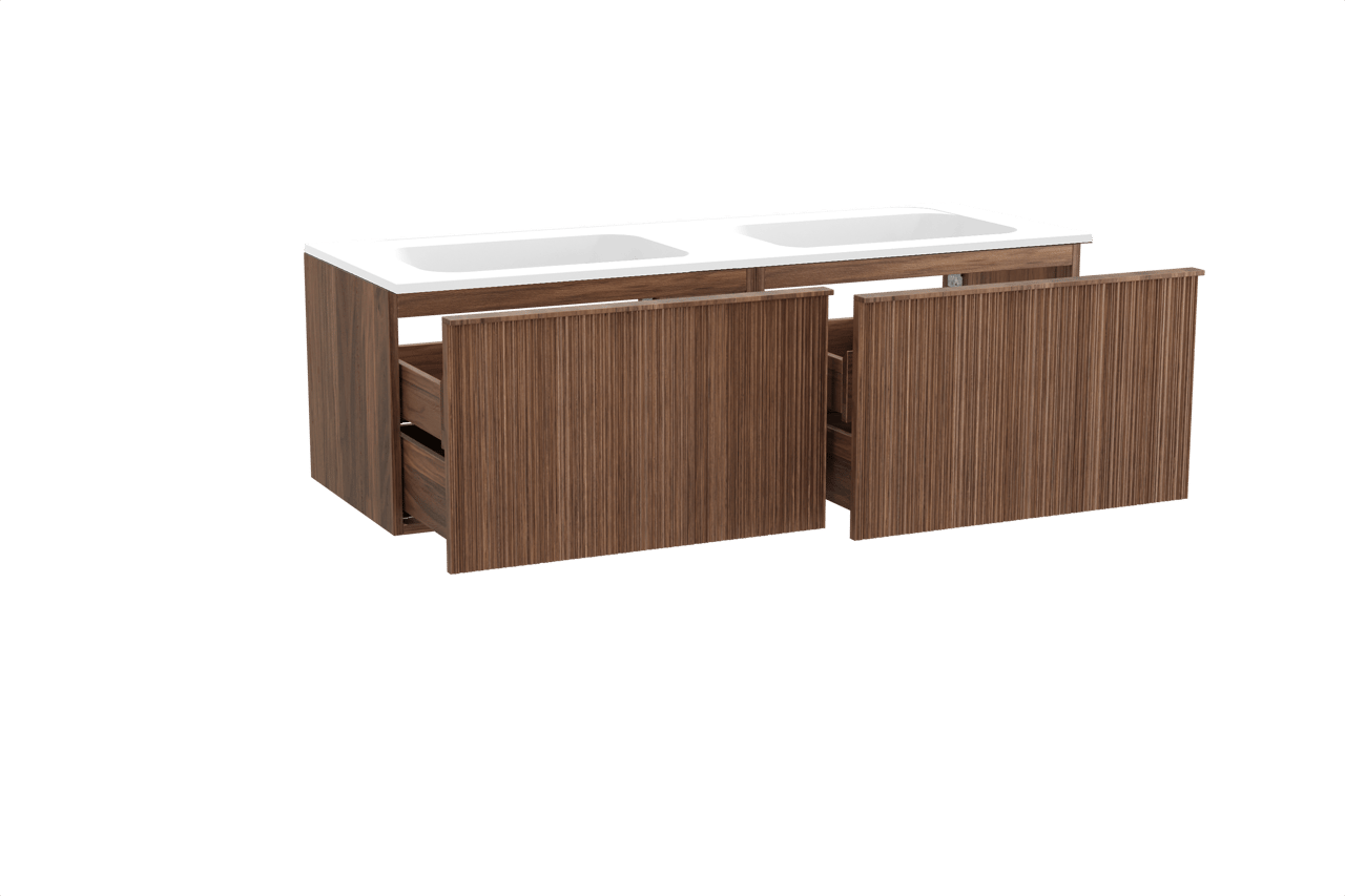Balmani Forma zwevend badmeubel 150 x 55 cm amerikaans notenhout met Tablo Strada dubbele wastafel in composietmarmer mat wit, Verticale asymmetrische ronde ribbel