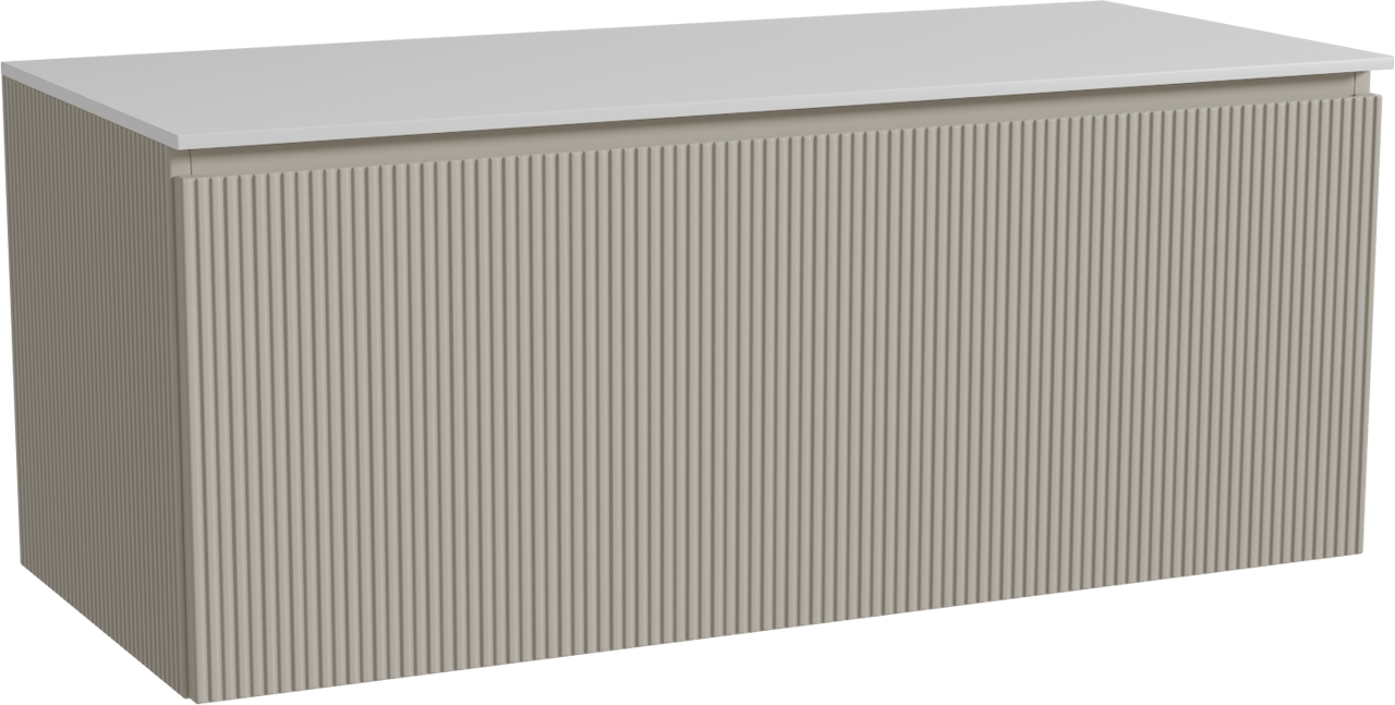 Storke Ribs hängendes Möbelstück Set: 120 x 52 cm, Seidengrau, mit Tavola Einzel- oder Doppel Waschtischplatte, Solid Surface, Weiß matt, Vertikale symmetrische gerade Rippe