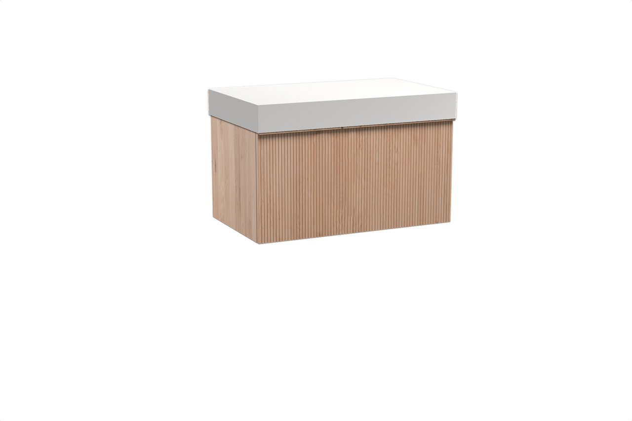 Balmani Forma meuble salle de bains suspendu 90 x 55 cm chêne naturel avec Dominus tablette simple en solid surface blanc mat, Nervure droite symétrique verticale